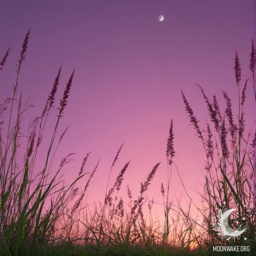 Крупный план травы на мирном поле с розово-фиолетовым небом и луной на закате.