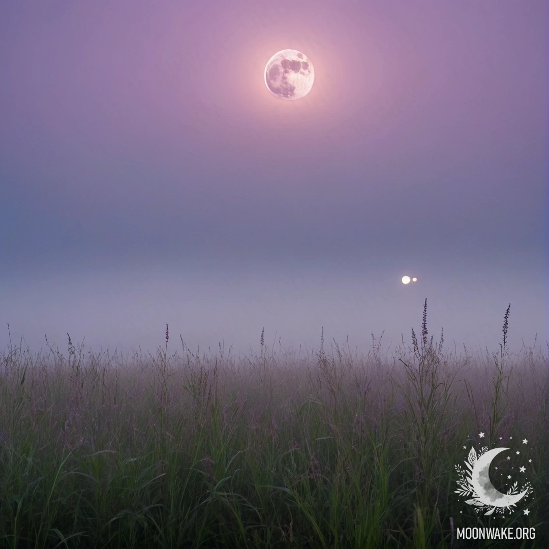 Крупный план травы в спокойном поле на фоне розово-фиолетового неба с восходящей луной.