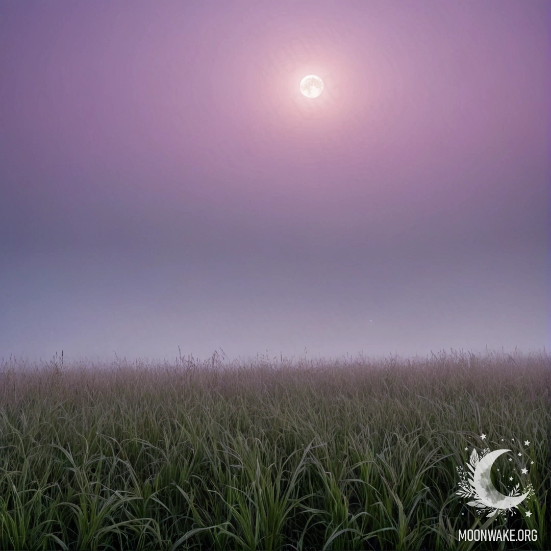Крупный план травы на мирном поле на фоне розово-фиолетового неба с луной.