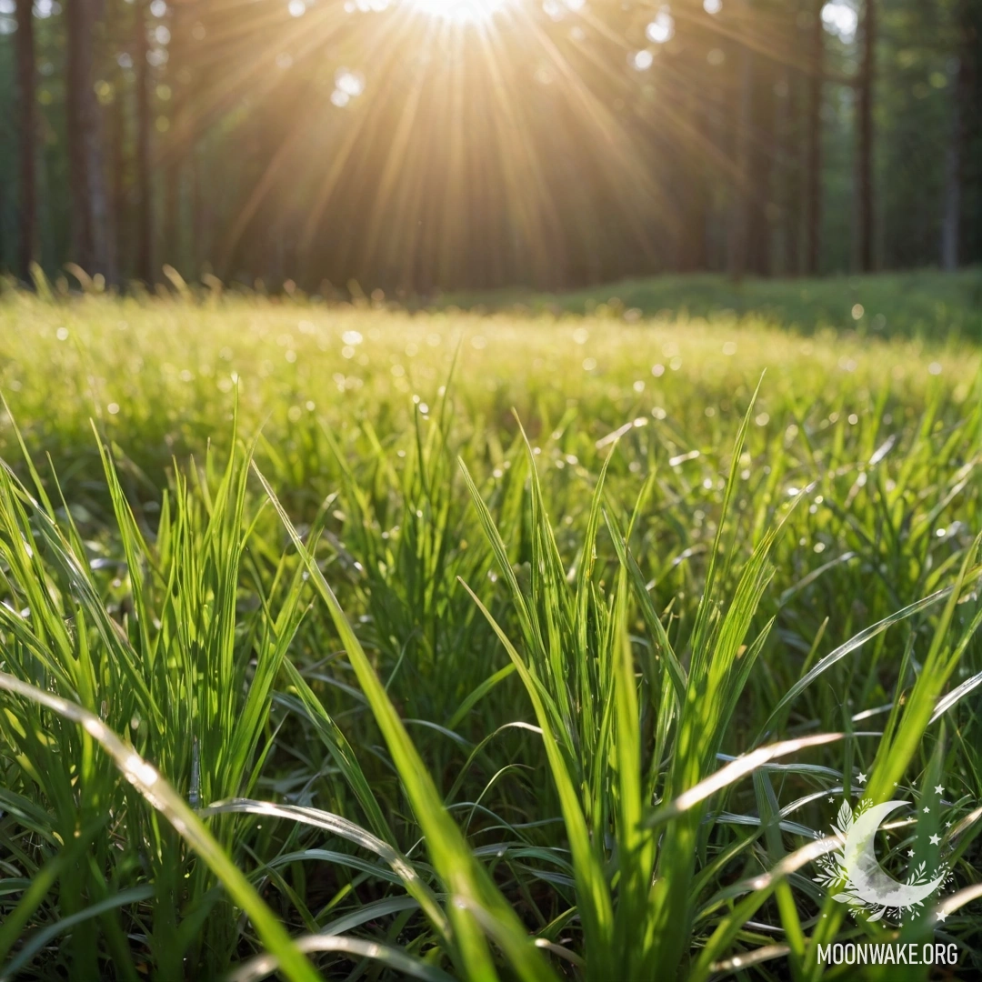 Крупный план зеленой травы на спокойном поле с размытым фоном леса и солнечными лучами.