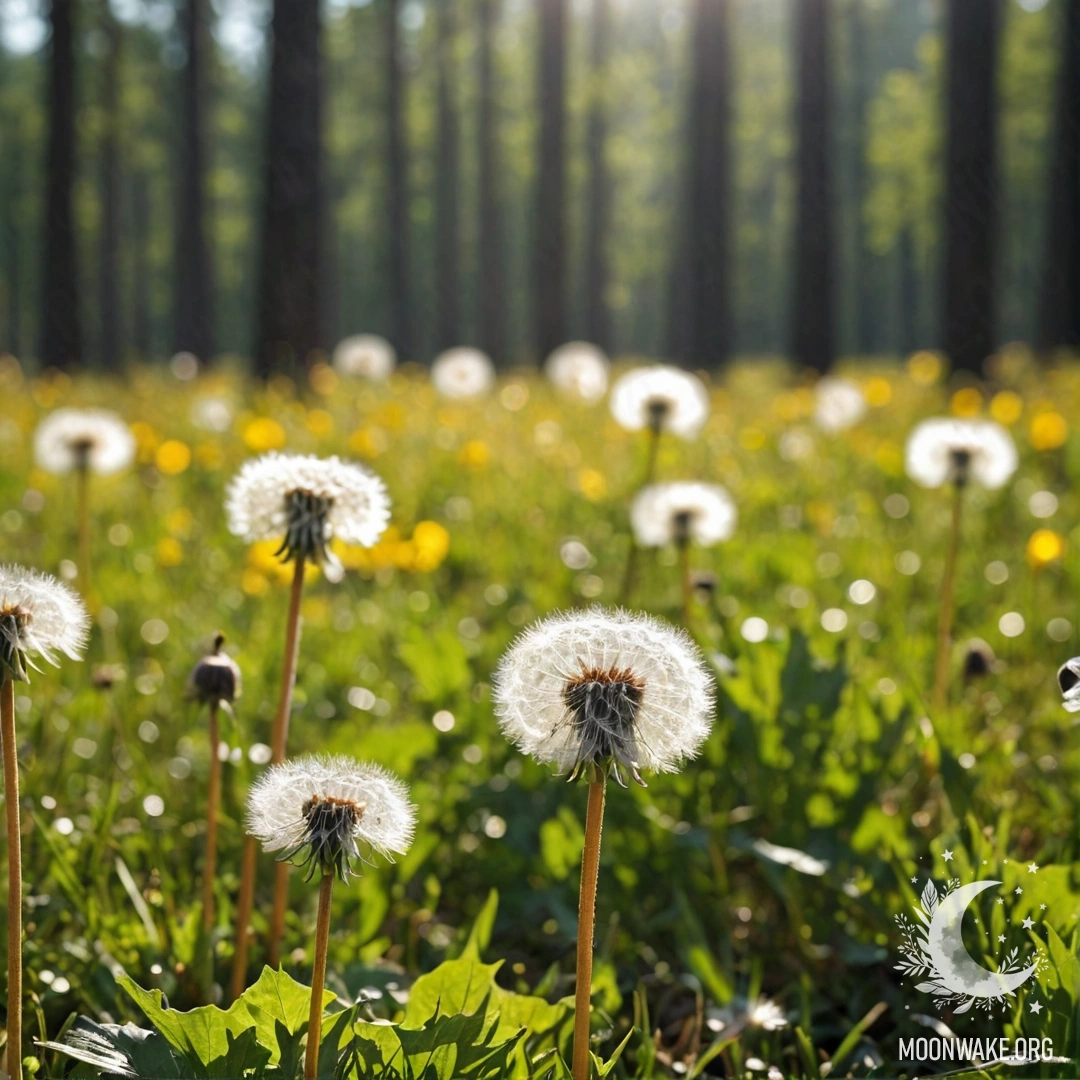 Крупный план одуванчиков на спокойном поле с мягким боке на фоне леса.