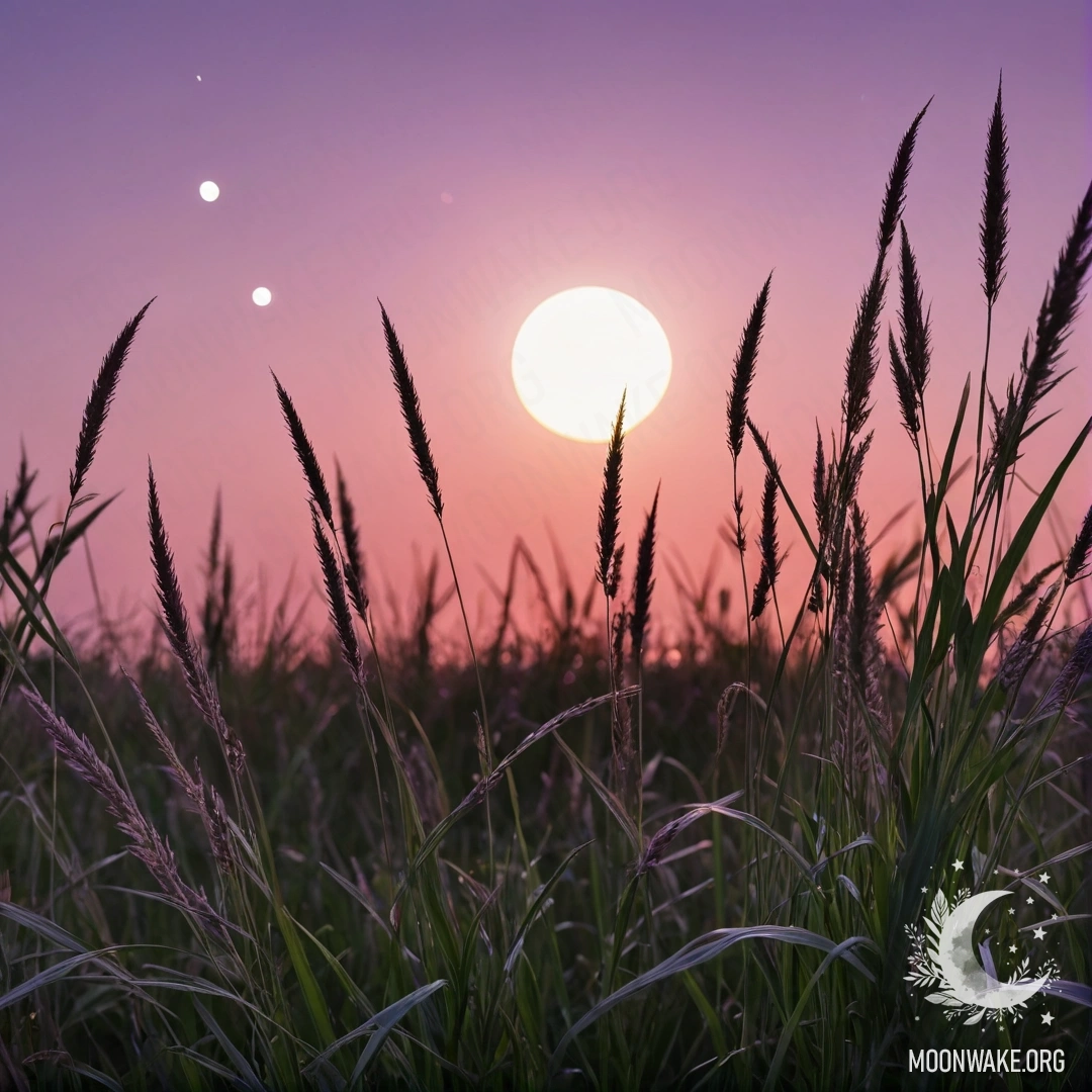 Крупный план травы на мирном поле с розово-фиолетовым небом и луной на закате.