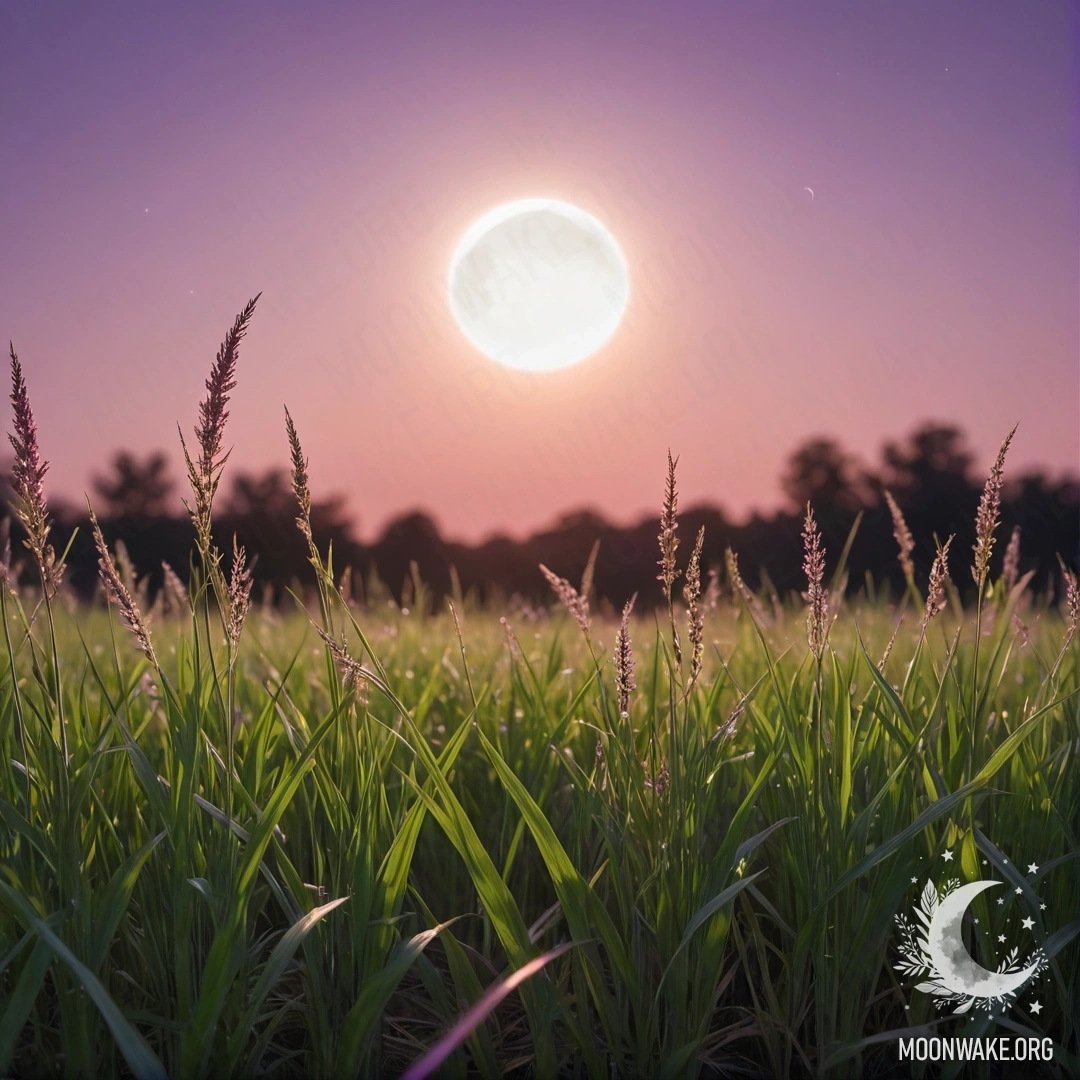 Крупный план травы на уютном поле на фоне розового фиолетового неба с луной и солнцем.