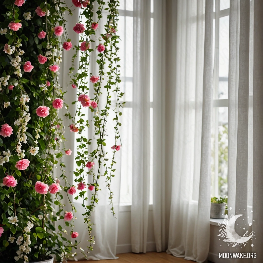 Крупный план цветочной занавески с цветущим садом на заднем плане.