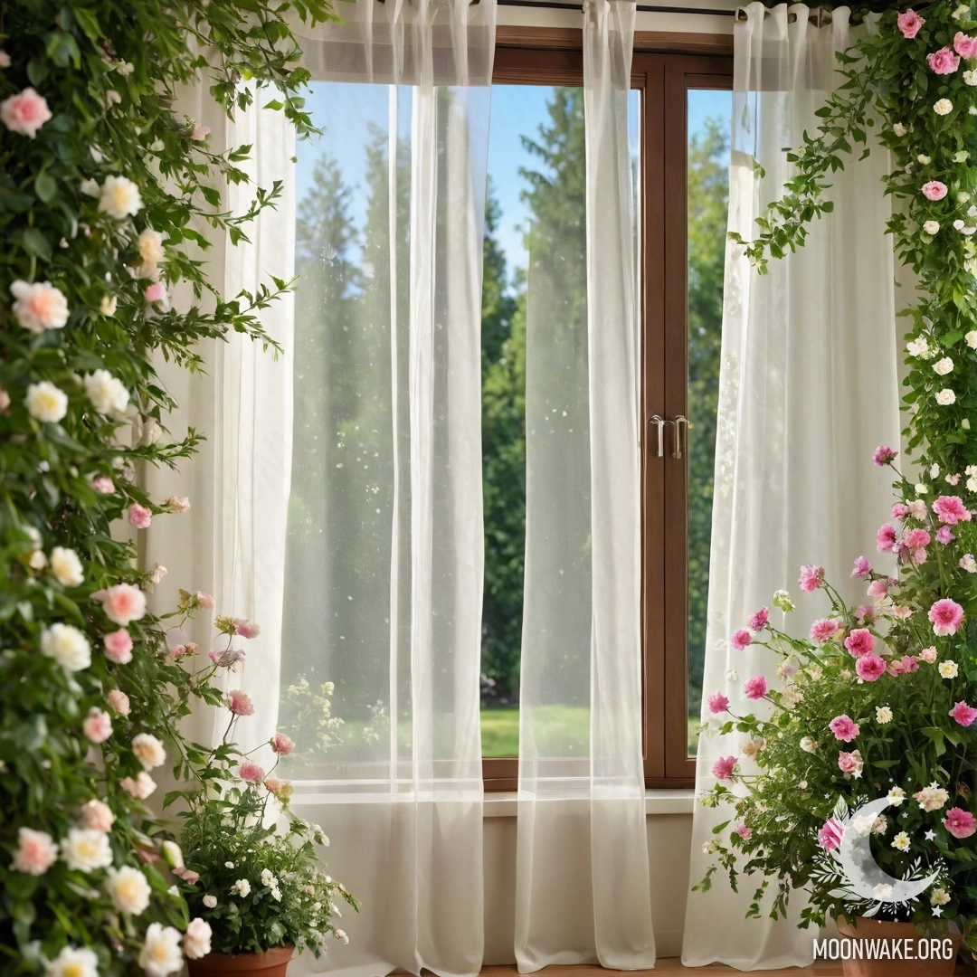 Ближайший план цветочной занавески с цветущим садом за окном, украшенным боке и гирляндами света.