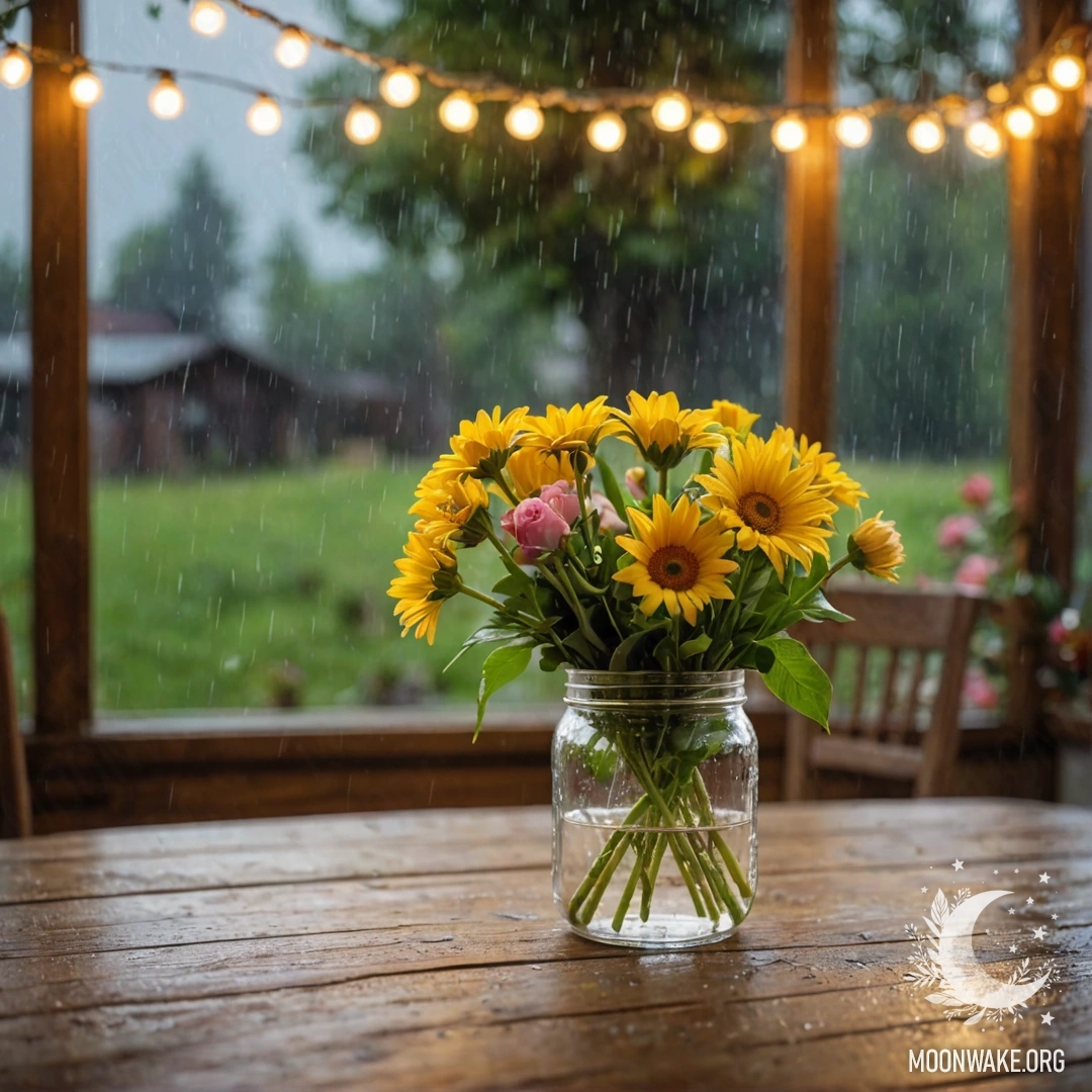 Старый деревянный стол с банкой цветов на нем, на фоне размытые огоньки гирлянды под дождем.