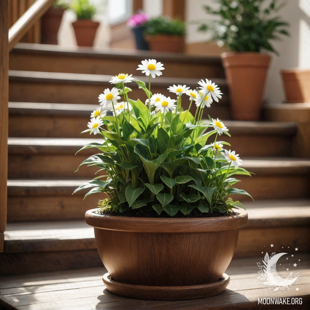 Спокойная деревянная лестница, украшенная цветочными горшками с зелеными растениями.