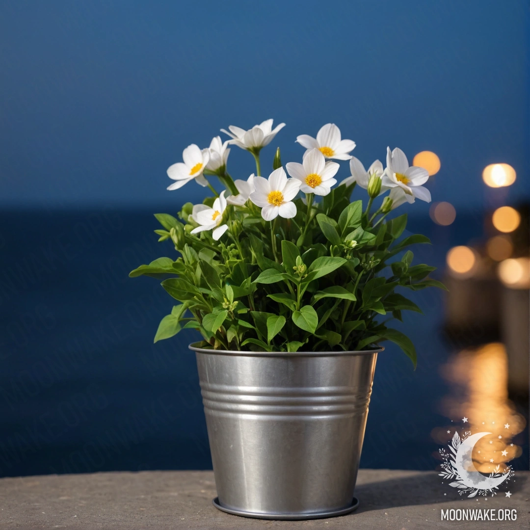 Небольшое ведерко, наполненное мирными цветами, стоит на фоне морского боке ночью.