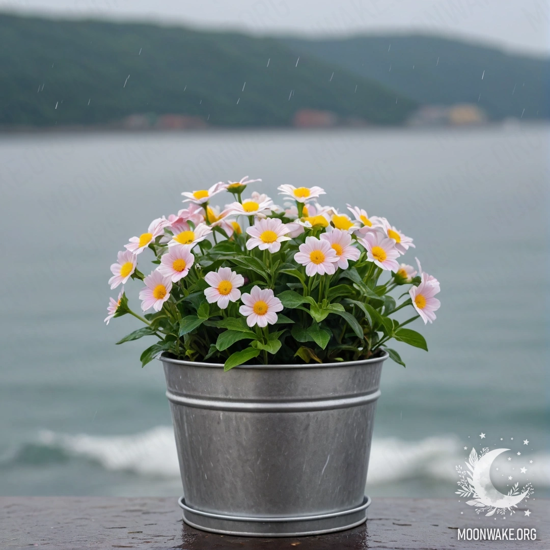 Небольшой металлический горшок в форме ведерка, наполненный цветами, на мягком боке морского фона под дождем.