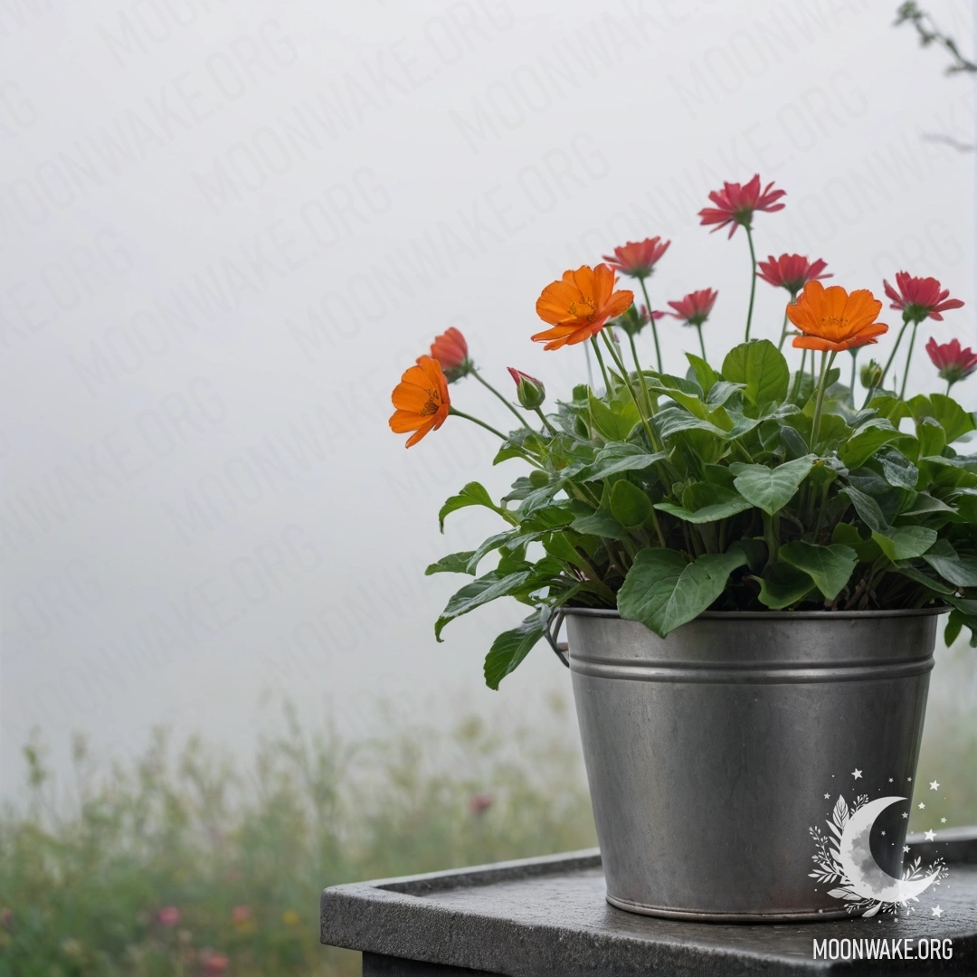 Металлический цветочный горшок в виде маленького ведра с цветами, размытый морской фон, покрытый густым туманом.