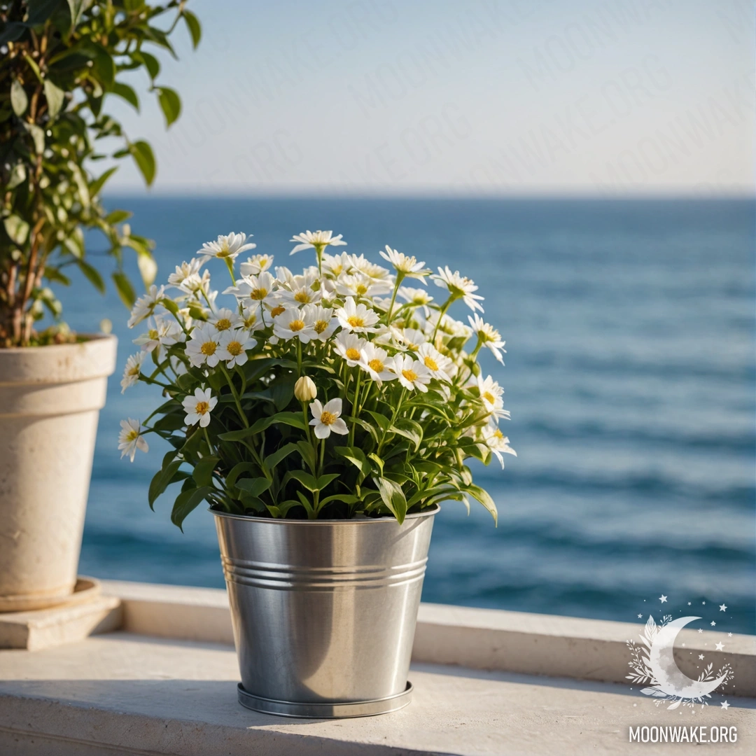 Металлическое ведерко в форме цветочной горшки с мирными цветами на фоне размытым морем и мерцающими огоньками гирлянды.
