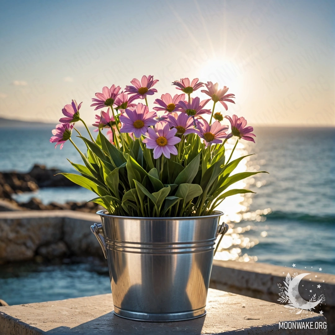 Металлический цветочный горшок в виде маленького ведерка с цветами на размытом фоне моря, освещенном солнечными лучами.