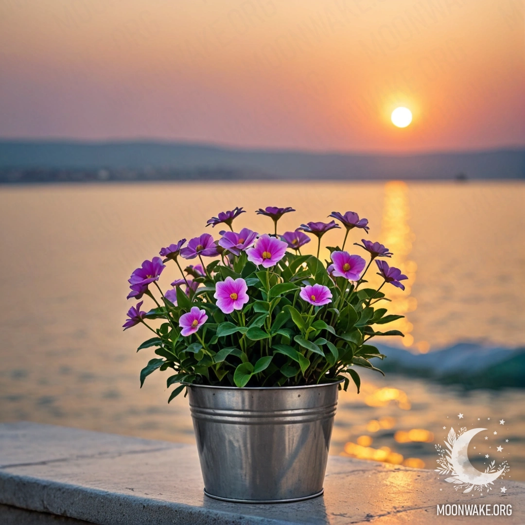 Металлический цветочный горшок в форме маленького ведерка с цветами на фоне морского боке на закате.