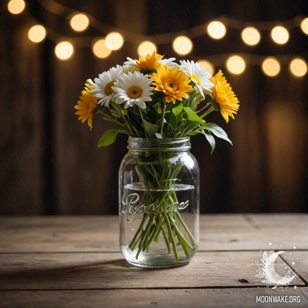 Старый деревянный стол, на котором стоит банка с цветами и светящаяся гирлянда в боке на фоне ночи.