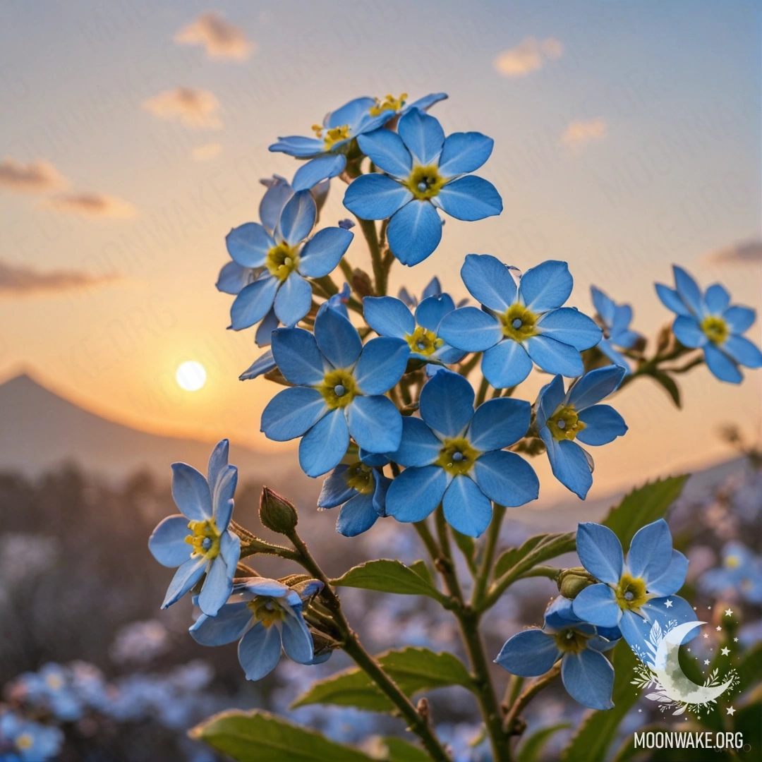 Спокойный вид незабудок на фоне заката в пастельных тонах.