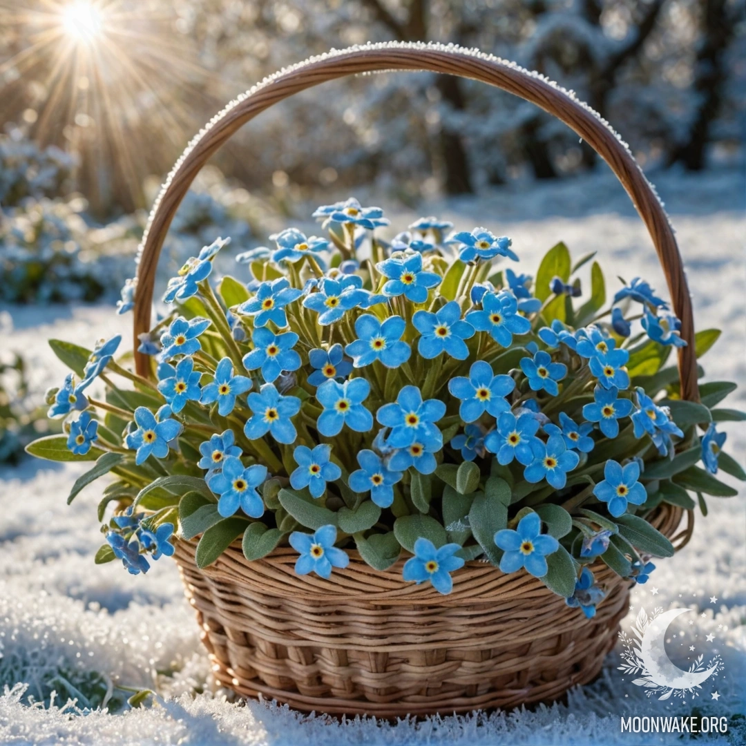Корзина, наполненная незабудками в морозе, освещенная солнечными лучами.