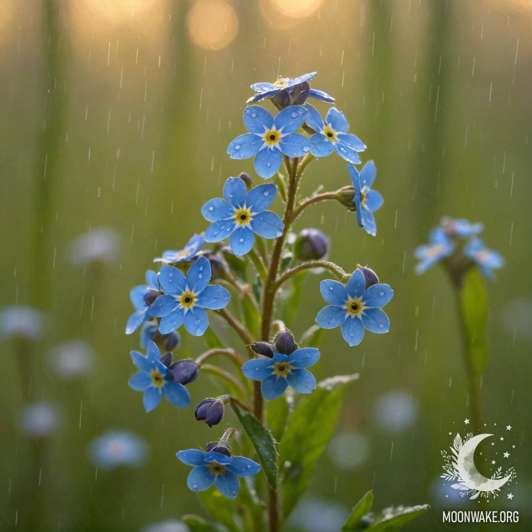 Спокойный пейзаж с незабудками, омываемыми нежным дождем в тумане на закате, изображённый в мягких кремовых и желтых тонах.