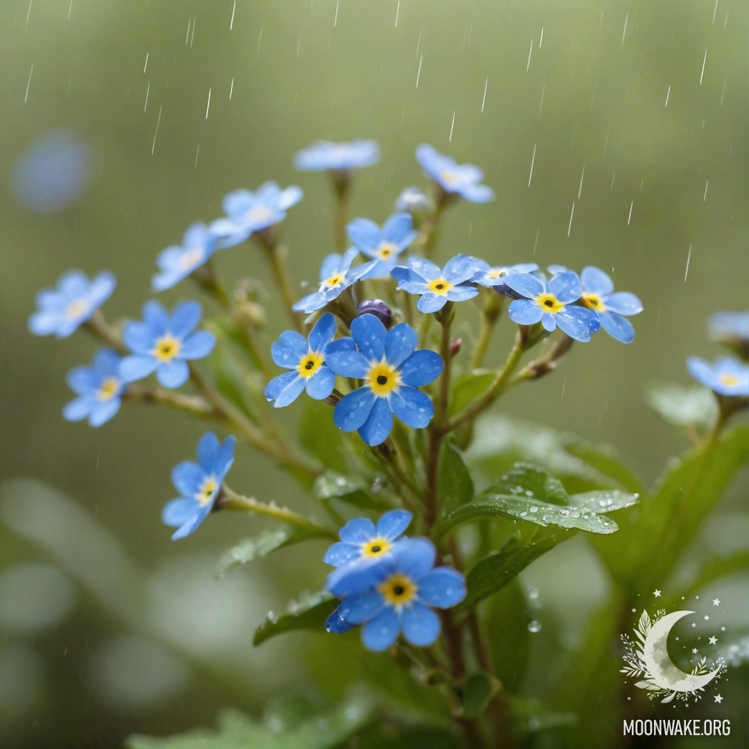 Спокойная сцена с незабудками, окруженными туманом и нежным дождем, освещенная мягкими лучами солнца.