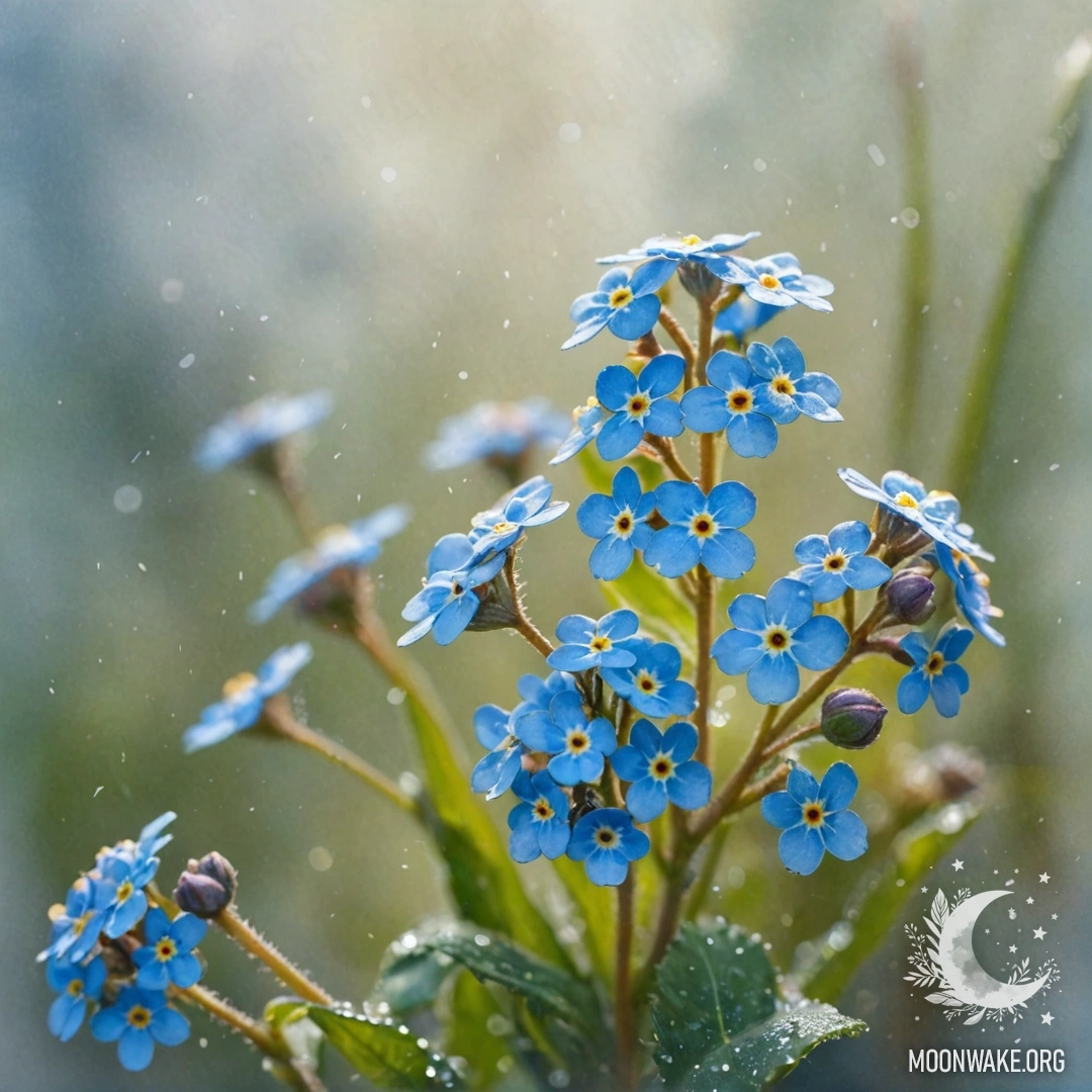 Спокойная сцена с незабудками, окруженными туманом и солнечным светом.