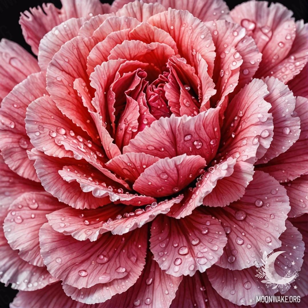 Мирная фуксиевая гвоздика, украшенная каплями росы и стразами.