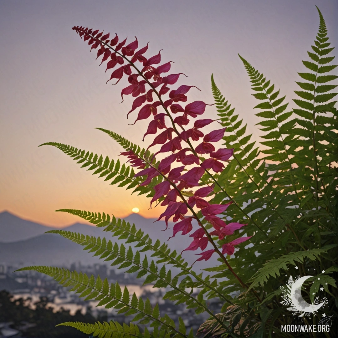 Яркий букет фуксиевых папоротников, освещенный закатом.