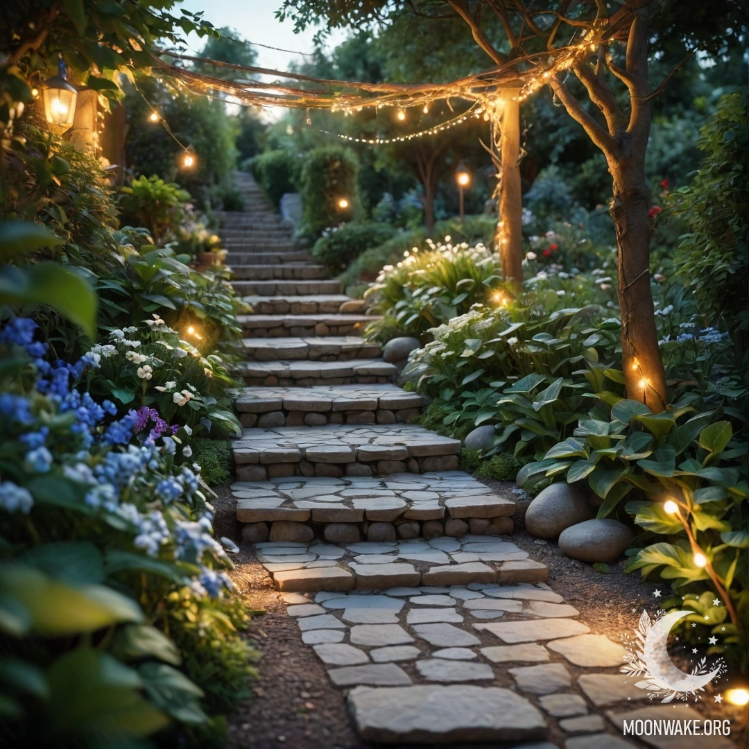 Умиротворяющий сад, украшенный светящимися гирляндами, каменная дорожка и деревянная лестница, залитая солнечными лучами.