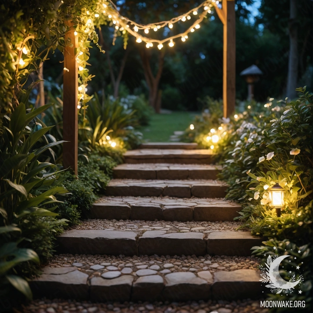 Спокойная садовая дорожка из камней, украшенная светящимися гирляндами и деревянной лестницей.