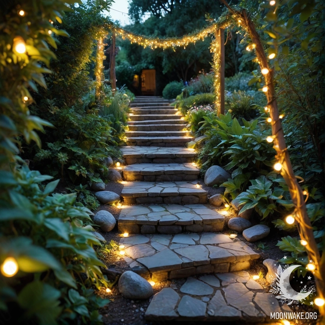 Спокойный сад, украшенный фонариками, с каменной дорожкой и деревянной лестницей.