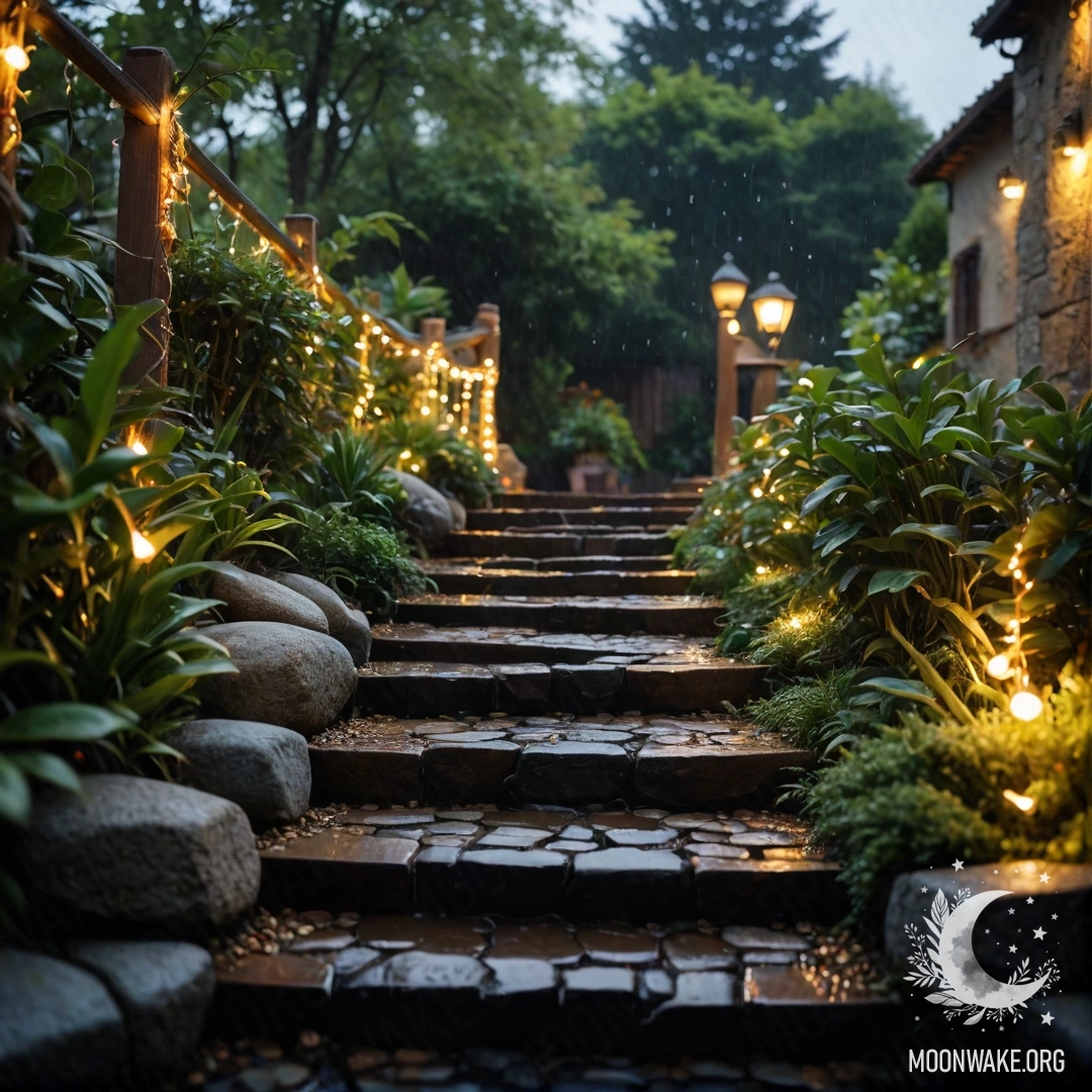 Умиротворённая садовая дорожка из камней и деревянная лестница, украшенные светильниками, под нежным дождём.