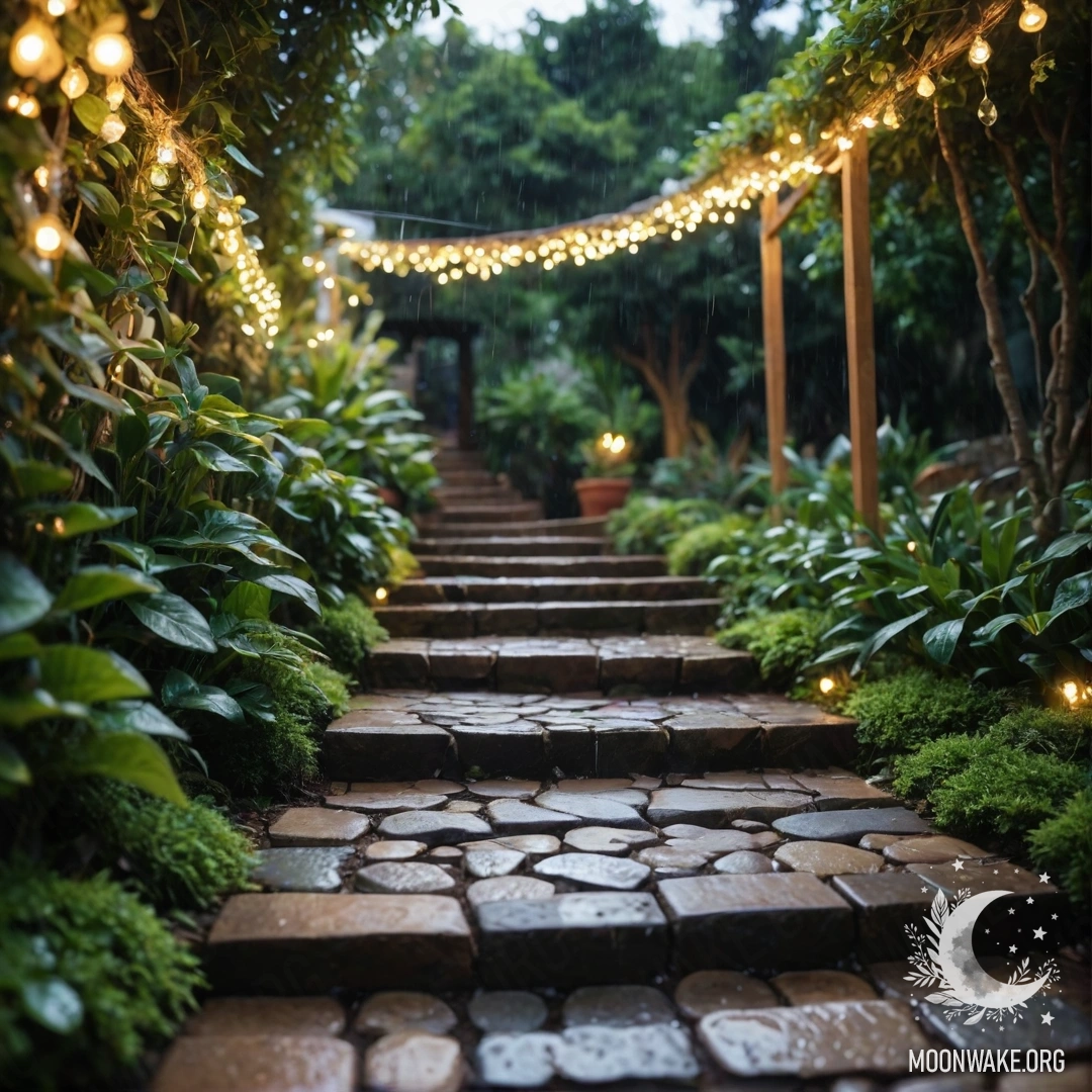 Спокойная садовая дорожка из камней, с деревянной лестницей и легкими гирляндами, все под мелким дождем.
