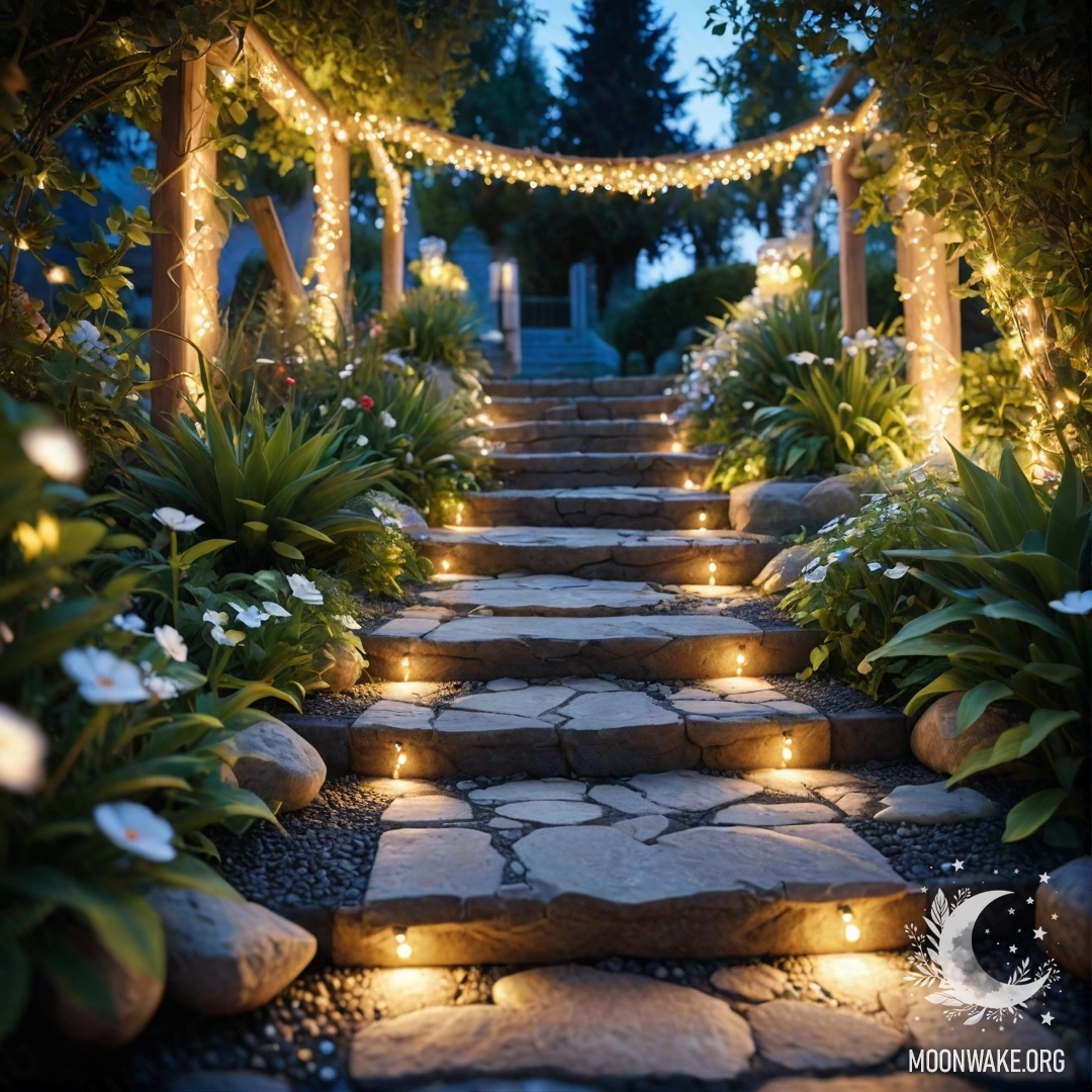 Тихая дорожка сада, украшенная огнями и деревянной лестницей.
