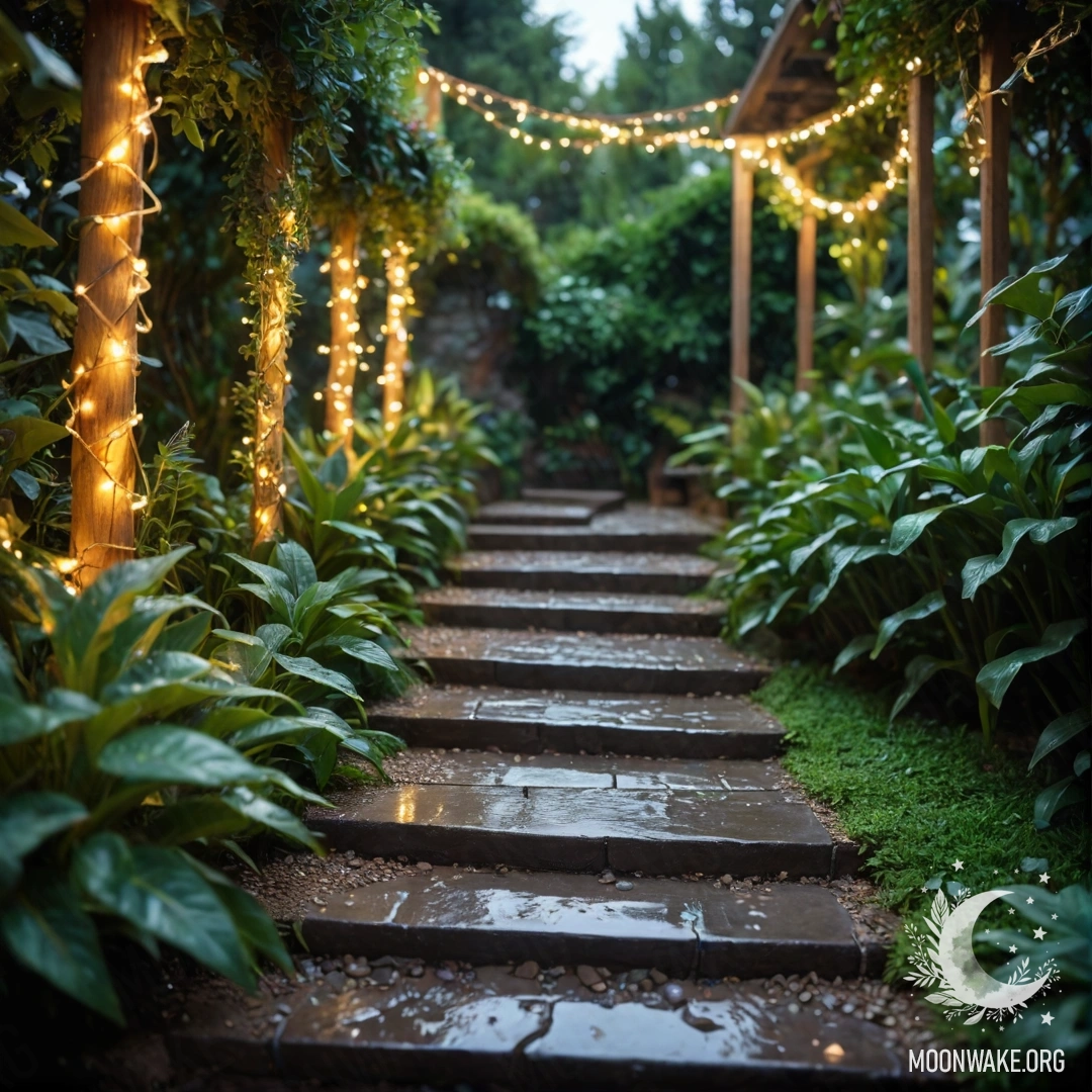 Уютный сад с фонариками, каменной дорожкой и деревянной лестницей под дождем.