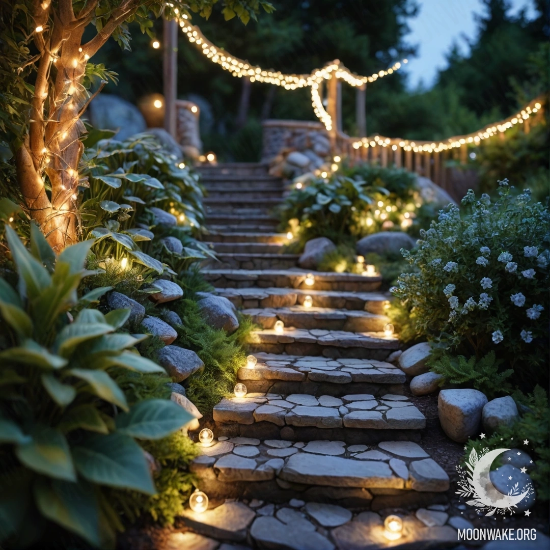 Спокойный сад, украшенный светящимися гирляндами, с каменной дорожкой и деревянной лестницей, освещенной огоньками.
