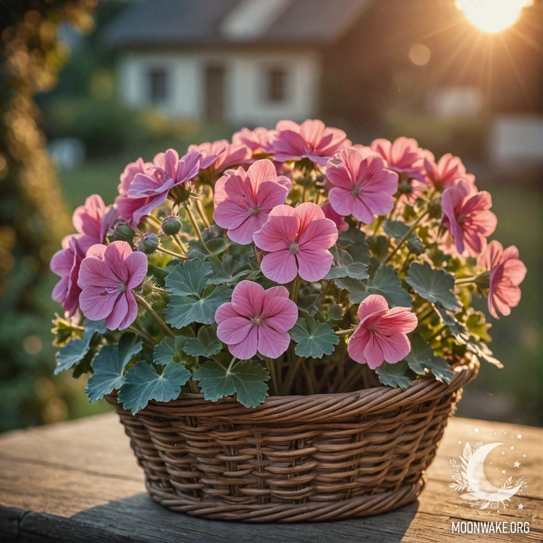 Корзина, наполненная синими геранью на закате, вызывающая ощущение спокойствия.