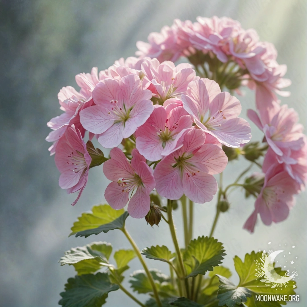 Нежный букет гераней, окружённый туманом и освещённый солнечными лучами.