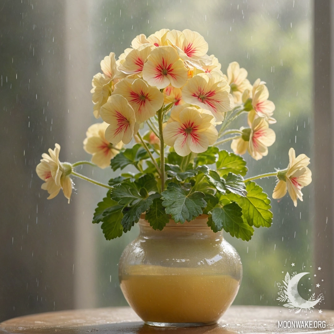 Спокойный гербул в вазе, туманный фон с дождем и солнечными лучами.