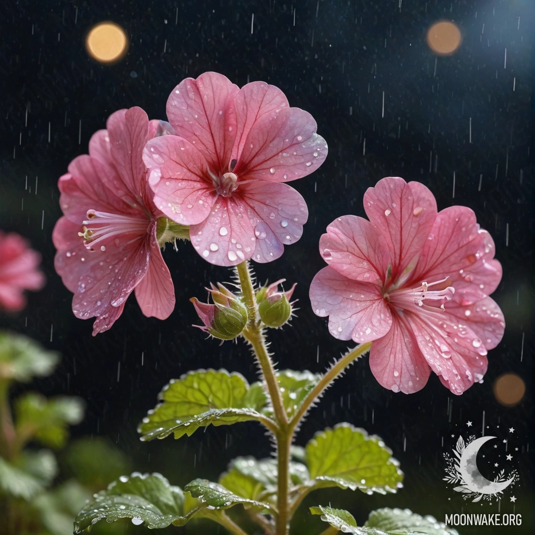 Мирный герань, промокший под дождем ночью, украшенный пайетками.