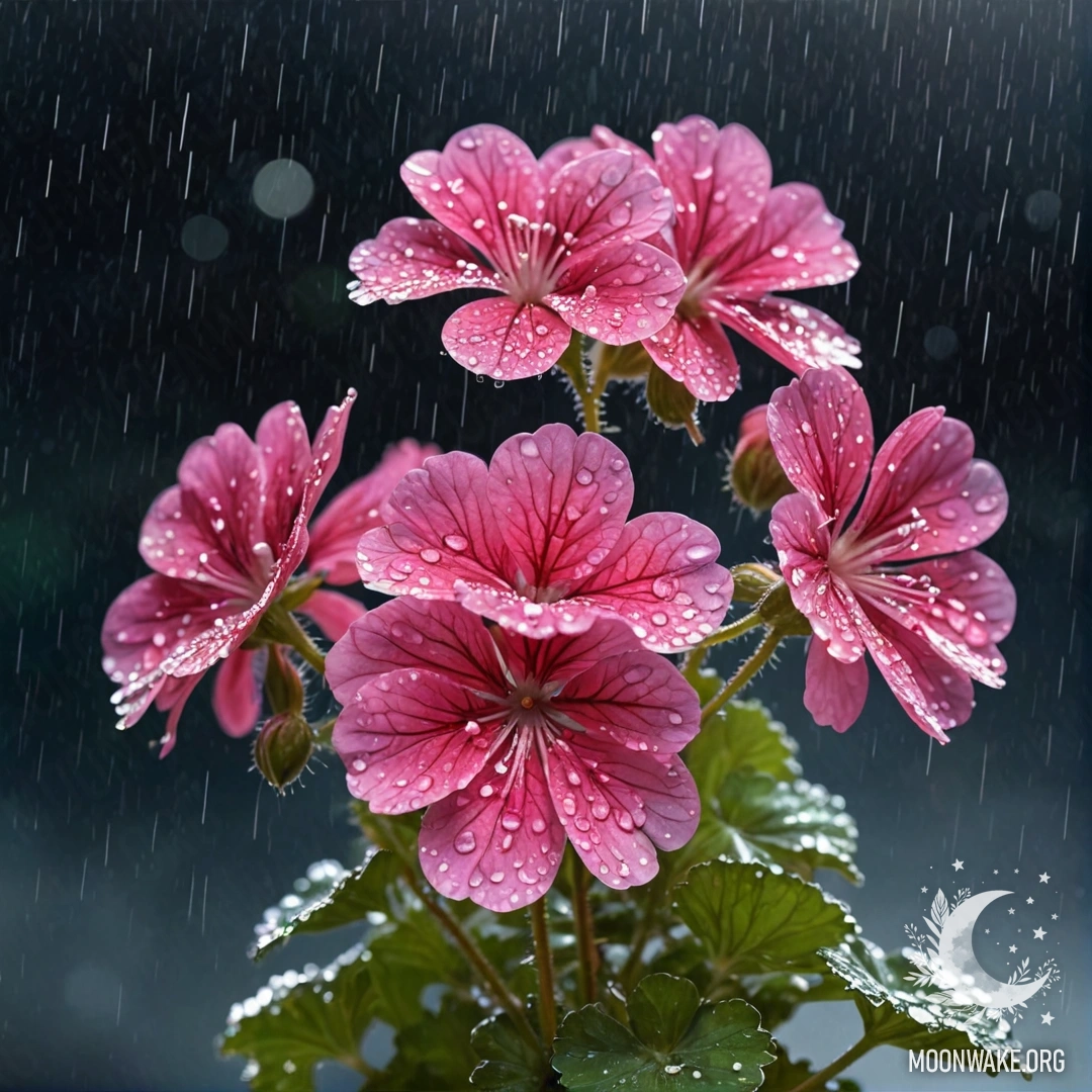 Мирный герань, промокший под дождем ночью, украшенный блестками.