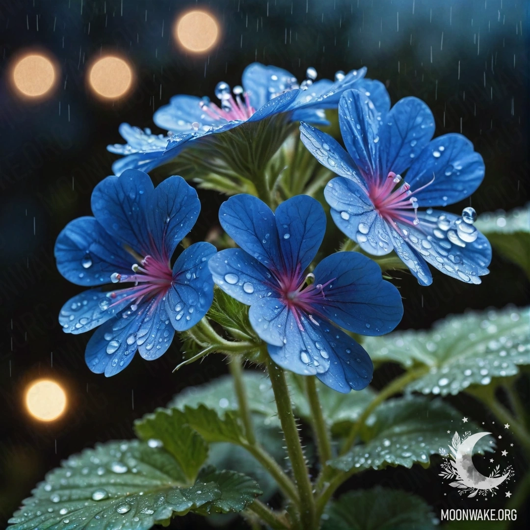 Мирный синий герань под дождем ночью с стразами.
