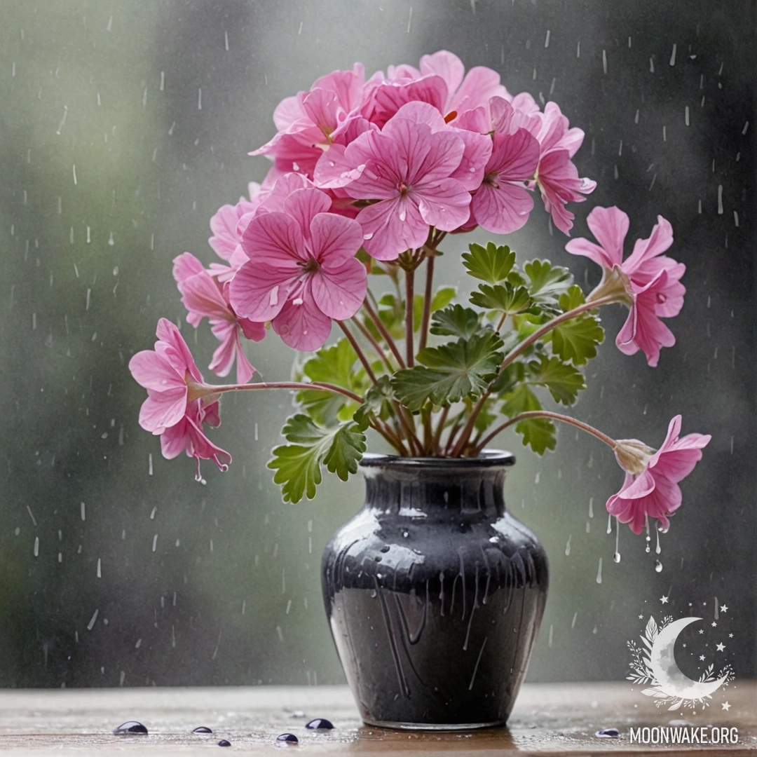 Нежный герань лавандового цвета в вазе, окруженный каплями дождя.