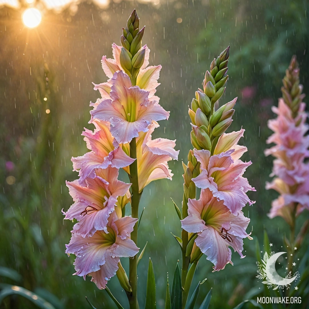 Букет гладиолусов лимонного цвета в тумане под дождем на закате.