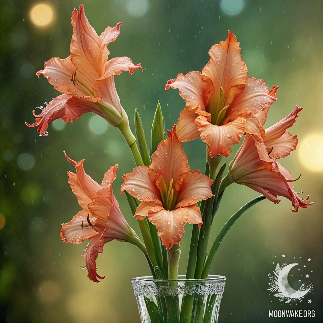 Ваза с зелеными гладиолусами и каплями росы на закате.