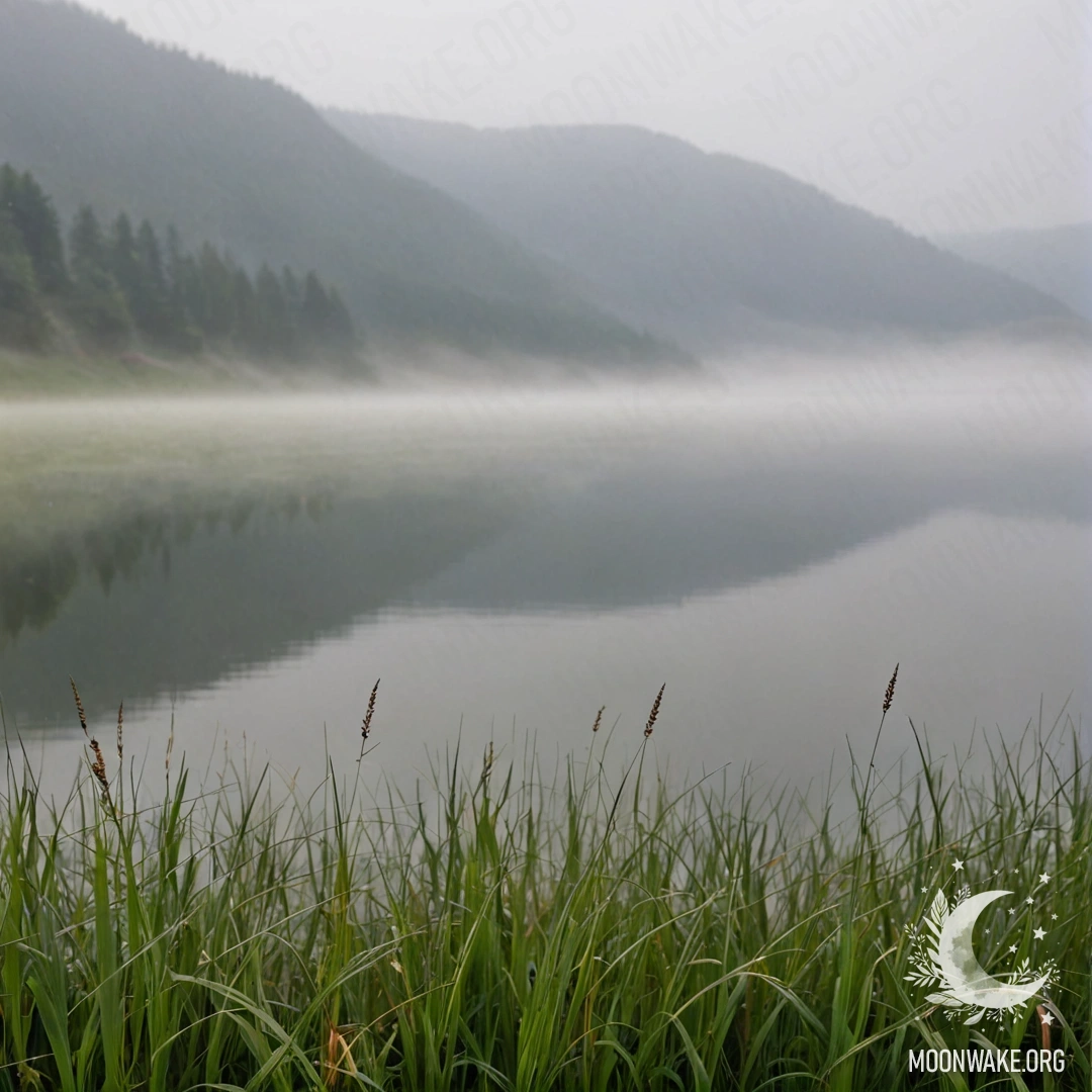 Крупный план травы на мирном поле с туманным озером на заднем плане.