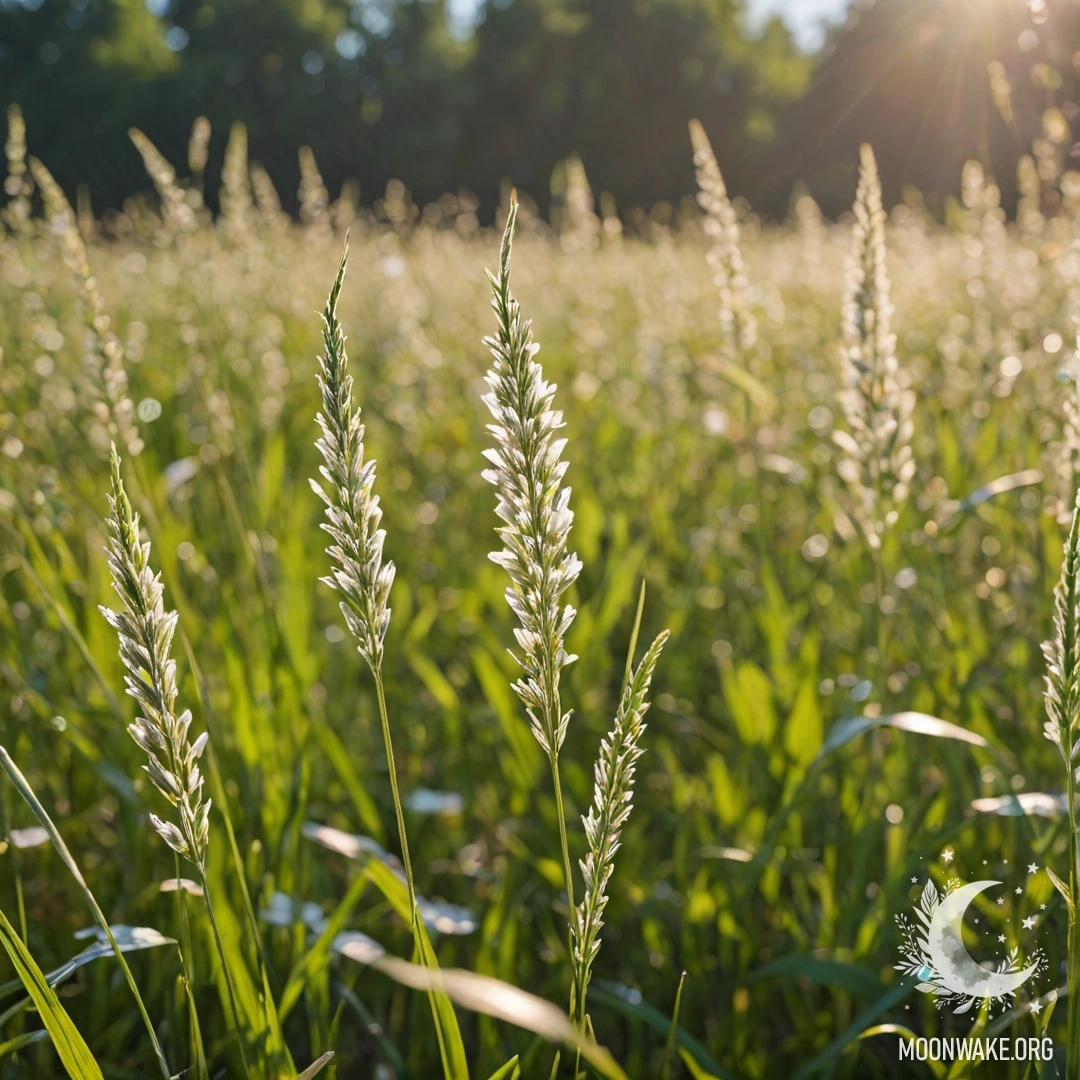 Крупный план травы на фоне цветущего поля под ясным небом.
