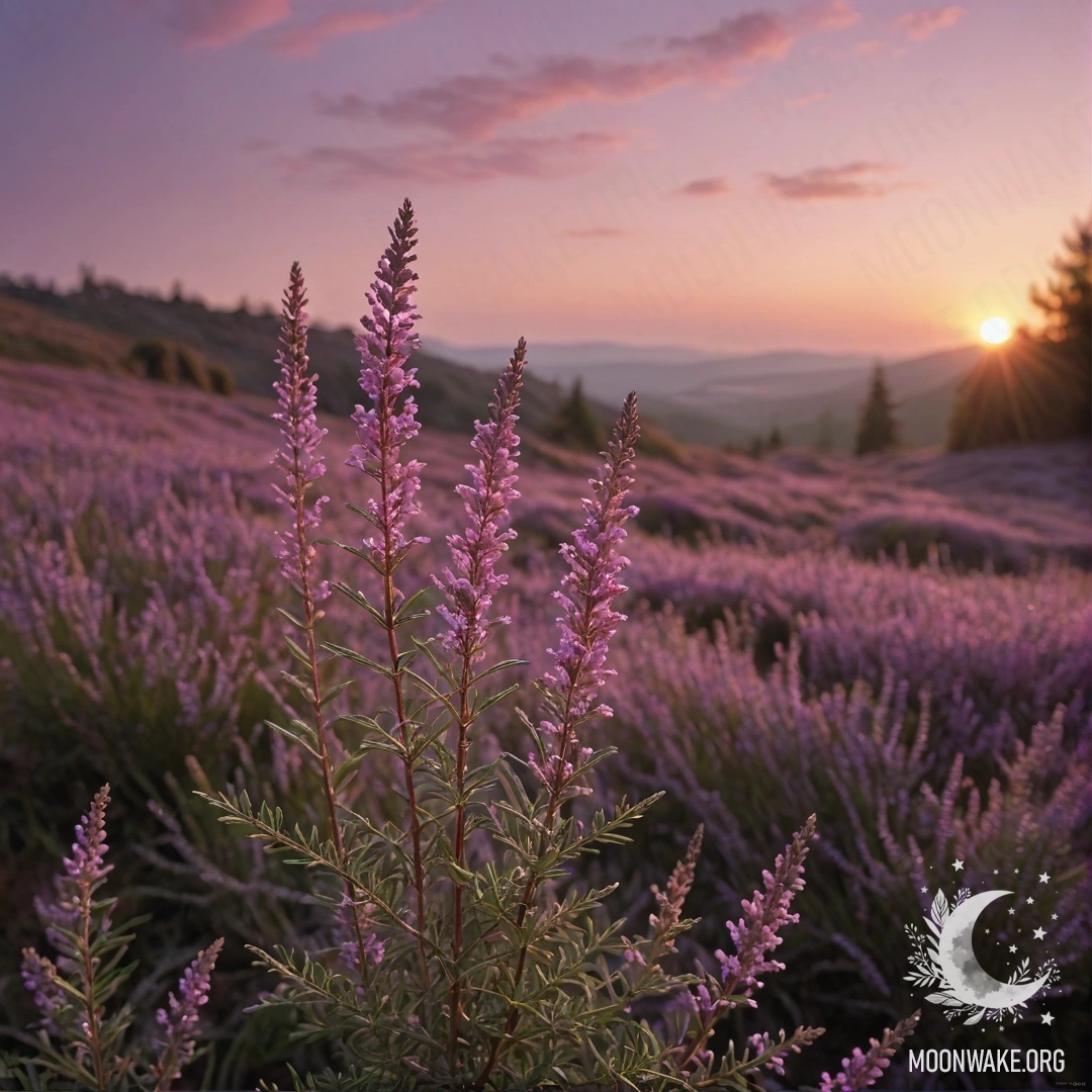 Спокойный пейзаж с розовым вереском, освещённым закатным светом.