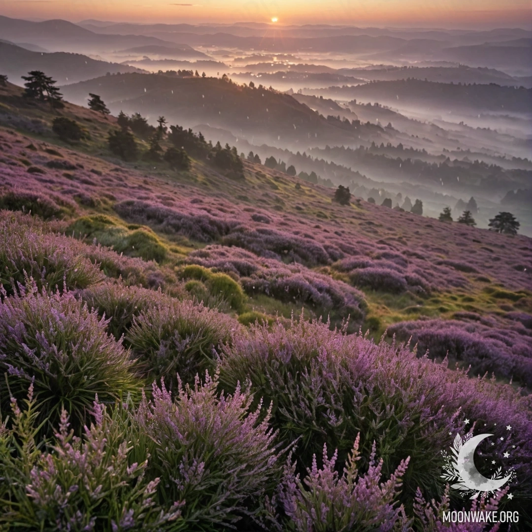 Спокойный пейзаж с вереском в туманной обстановке под дождем на закате.