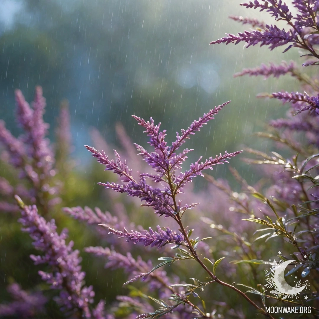 Спокойная сцена с голубым вереском, омытым дождем и солнечными лучами, сверкающим блеском.