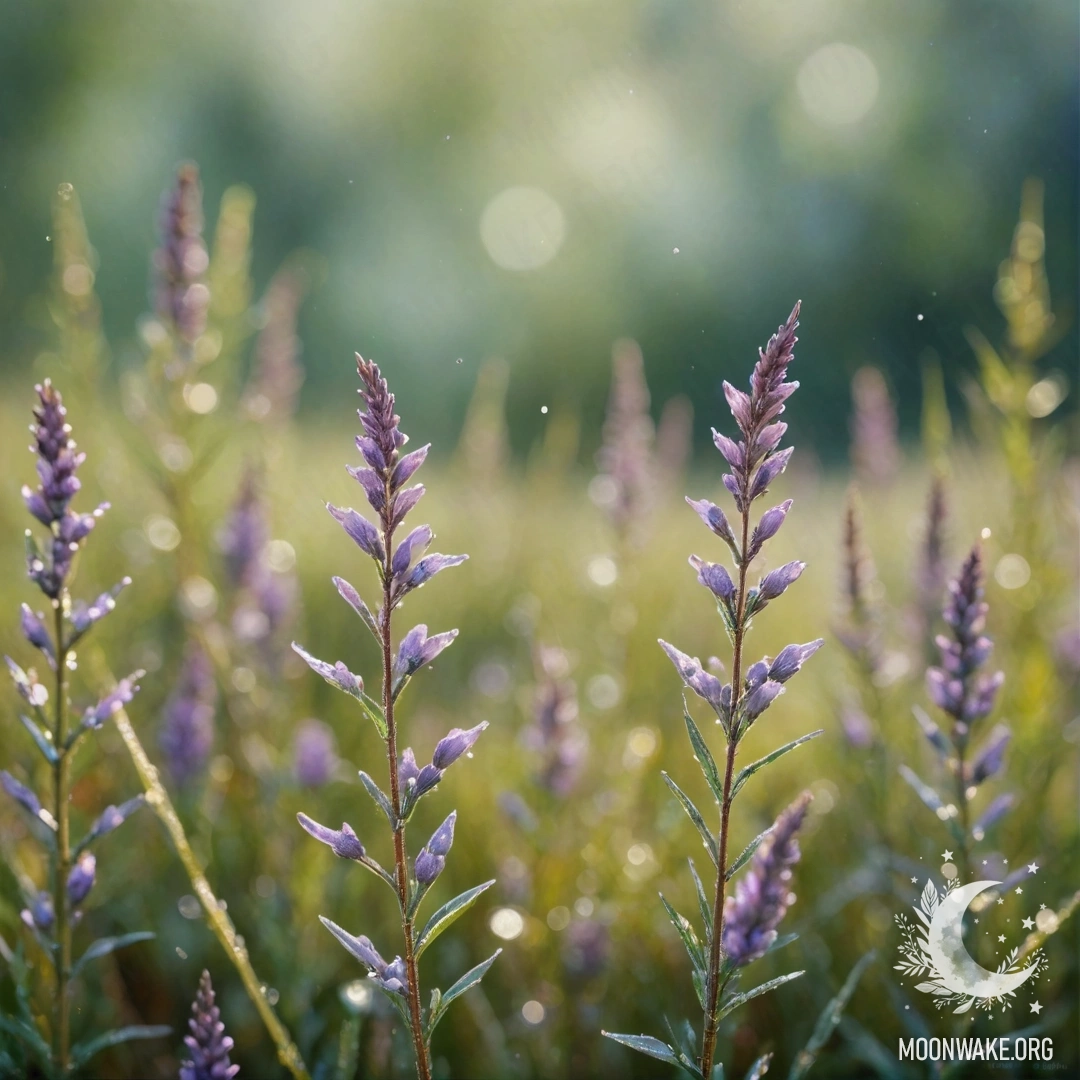 Спокойный вид на вереск, украшенный капельками росы, освещённый мягким солнечным светом.