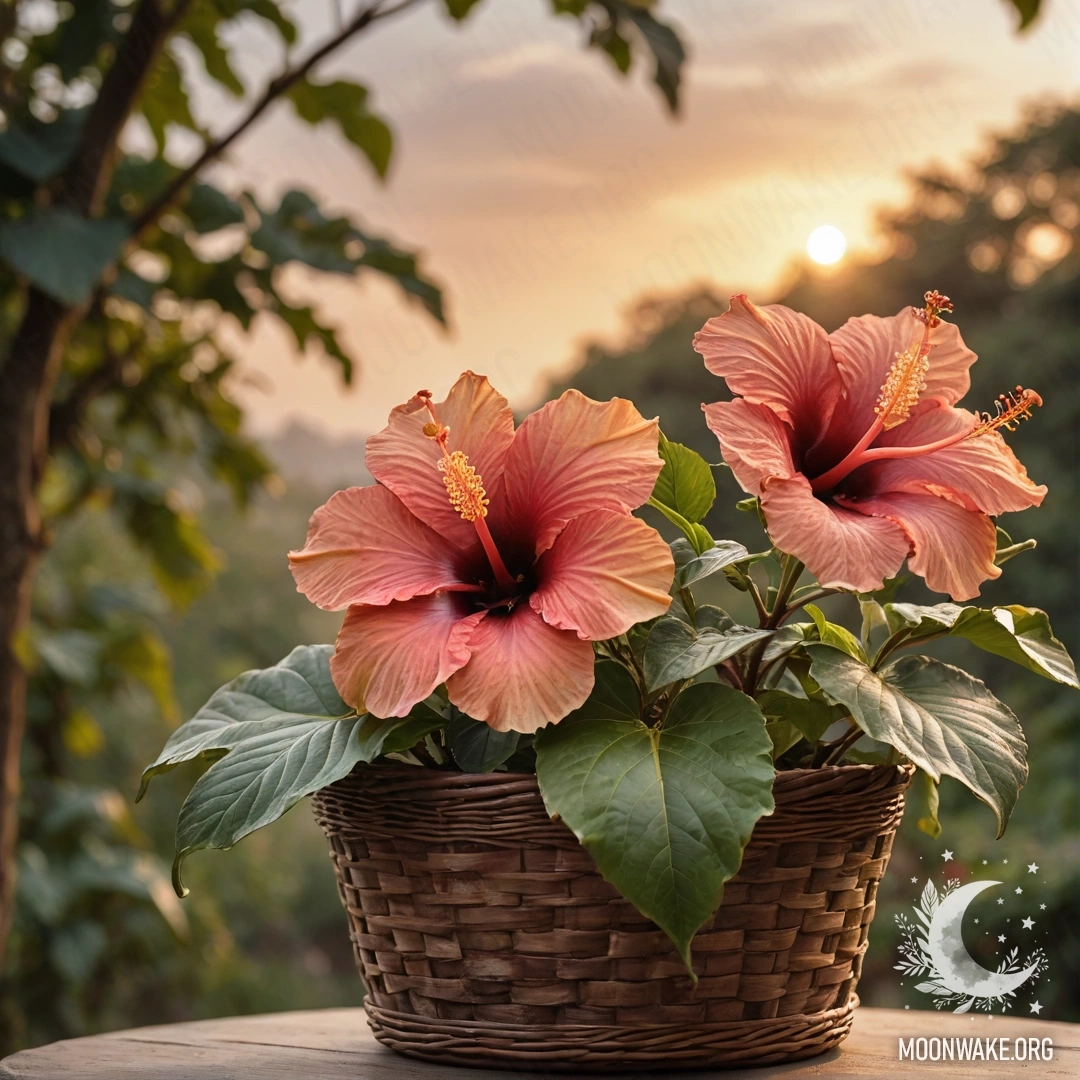 Спокойный цветок гибискуса в корзине цвета кофе на фоне заката.