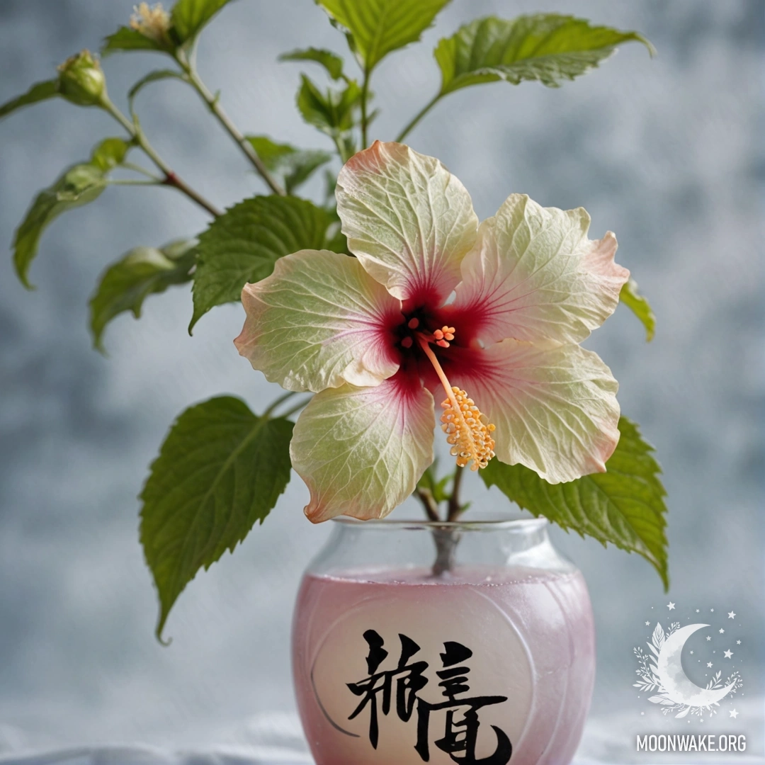 Гибискус, окружённый морозом, в вазе лаймового цвета с японской каллиграфией.